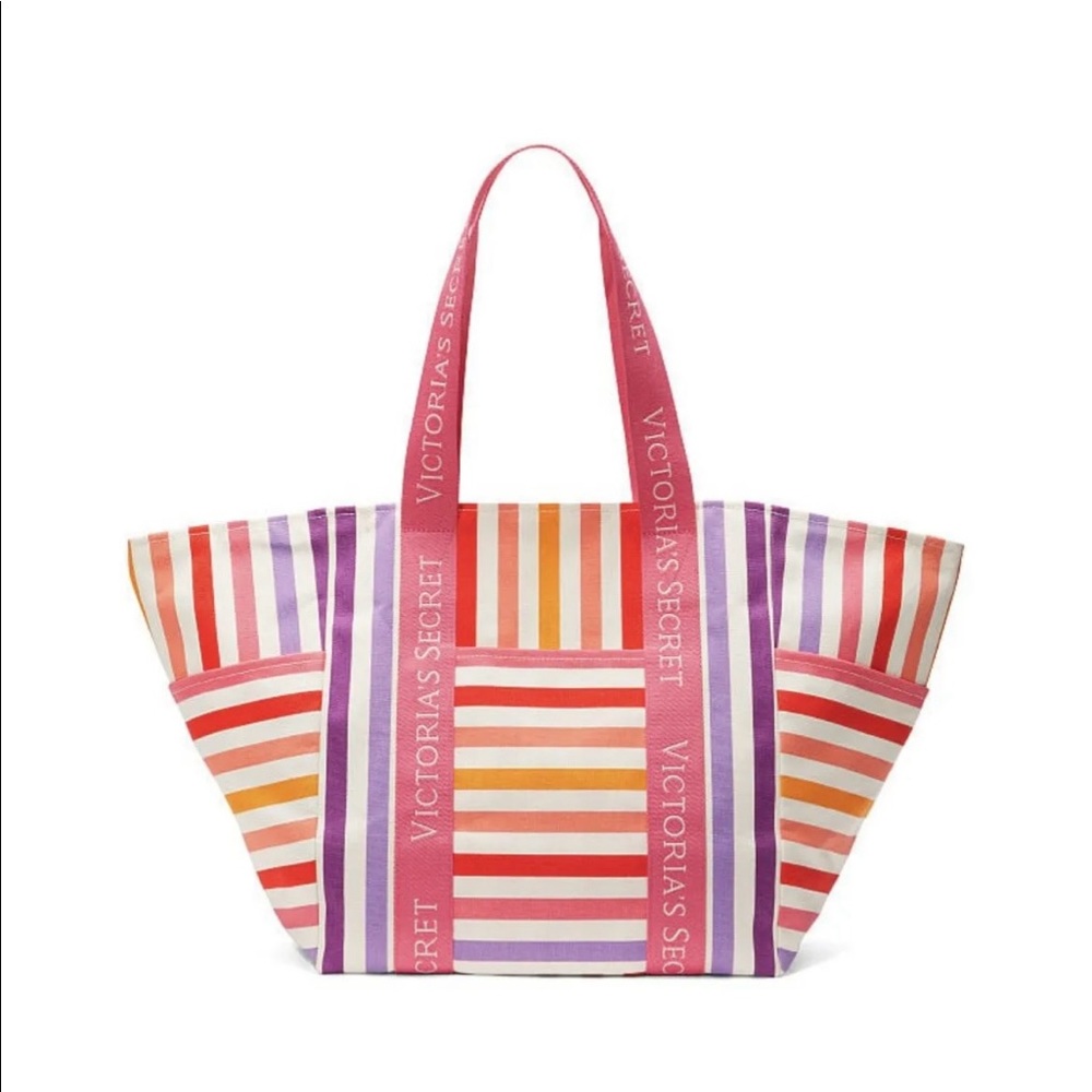 VICTORIA'S SECRET Colorful Multi Color Stripe Travel Zip Beach Shoulder Bag NWT
